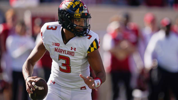 Maryland quarterback Taulia Tagovailoa looks to throw during the first half of an NCAA college football game against Indiana, Saturday, Oct. 15, 2022, in Bloomington, Ind. (AP Photo/Darron Cummings)